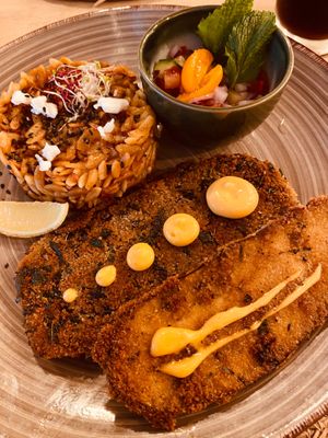 Crusty eggplant with risoni pasta at El Verde in Genk