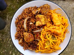Vegan Sweet 'N' Sour (Regular) and Salt 'N' Pepper Tofu (plated up at home) at Wok&Go in Bangor