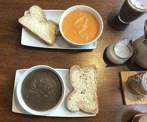 Tomato and carrot soup, and a Mushroom soup  at Thrive in Glossop