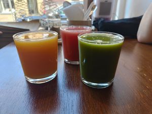 3 of their raw juices. All delicious! at Thrive in Glossop