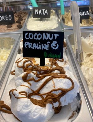 Coconut with hazelnut praline ice cream 100% vegan!  at Gelats Galiana in El Port De La Selva