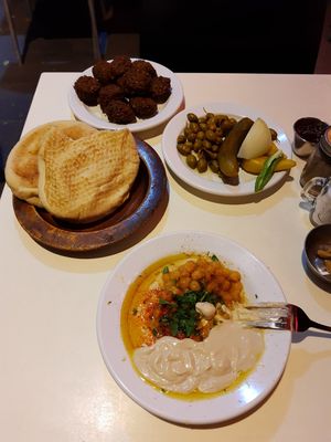 The spread at Abu Dhabi Hummus in Tel Aviv