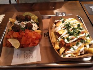 Tijuana street fries plus extra falafel & chilli cheese fries without jalepenos.  at Frittenwerk - Hbf Mainz in Mainz