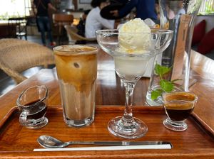 Vegan iced cashew milk latte on the left. (Affogato on the right is not vegan)   at Go Native - Lavelle Road in Bangalore