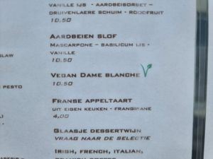 Vegan dame blanche on menu at Spuiplein 41 in Breskens