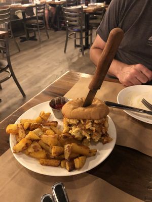 Onion ring mac n' cheese burger   at OC - Organic Artisan Eatery & Juice Bar in Massapequa