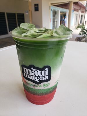 Seasonal strawberry matcha latte with macadamia milk at Maui Matcha in Lahaina