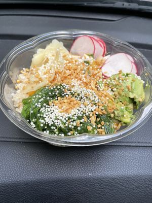Customized tofu poké bowl with brown rice  at Pokemoto in Groton