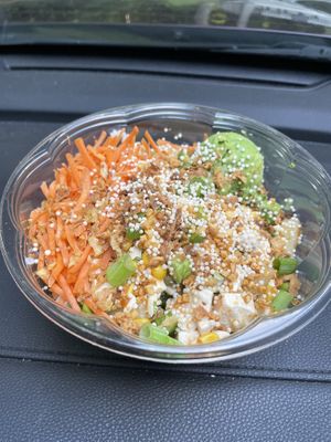 Customized tofu poké bowl with sushi rice   at Pokemoto in Groton