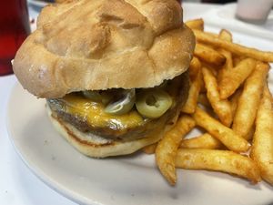 Vegan burger and crispy fries  at Twisted Burger Diner in Flint