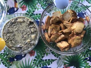 Lentil stew & fried breadfruit  at Cannibal Art in Nuku Hiva
