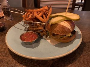 Vegan buttermilk burger with sweet potato fries  at Duncans Bar & Bistro in Irvine