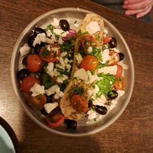 Feta & olive salad (vegan version) with focaccia at Duncans Bar & Bistro in Irvine