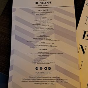 Meal deal menu at Duncans Bar & Bistro in Irvine