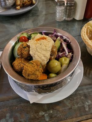 Falafel Super Bowl ordered without yoghurt (80DH)  at Cafe Clock in Fes