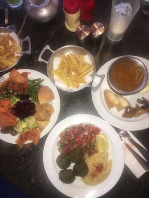 From left to right 
Fes platter - falafel- harrira  at Cafe Clock in Fes