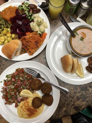 Veggies platter + falafel + chickpeas soup at Cafe Clock in Fes