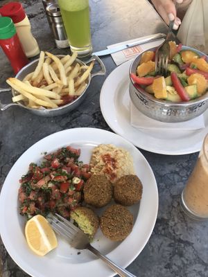 (Vegan) Falafel, hummus, tabbouleh. And Avocado citrus salad  at Cafe Clock in Fes