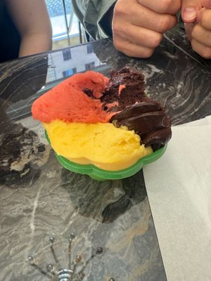 chocolate, passion fruit, and strawberry gelato at Gelateria S.M.Maggiore in Rome