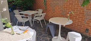 Outside seating area at Salute Vegan Store in Seoul