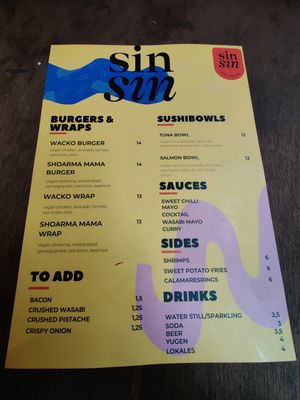 Menu at SinSin in Ghent