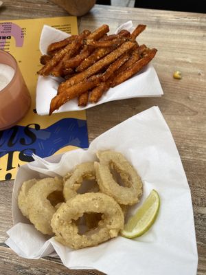 Sweet potato fries and “calamares” (vegan)  at SinSin in Ghent