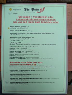 Aktuelle extra vegan-vegetarische Karte, August 2025 at Die Post in Herrsching Am Ammersee