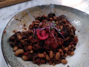 Black eyed peas with mushrooms. at Afrálato in Kalamata