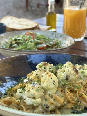 Vegan pasta with pumpkin sauce and cauliflower   at Afrálato in Kalamata