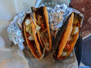 Vegan tacos, firecracker shell, soy chorizo and poblanos. at Condado Tacos in Ann Arbor