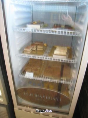 A fridge full of vegan cakes! at Pasteleria La Estrella Cake Shop in Barcelona