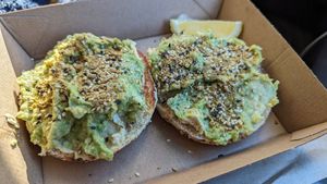 Bagel with avo and hummus at Laneway Cafe in Armidale