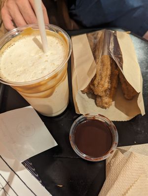Vegan churros and horchata at Epilogue Books Chocolate Brews in Chapel Hill