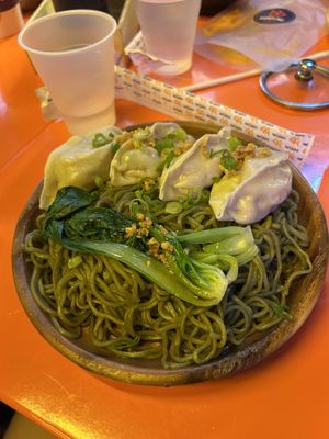Taro dumplings with kale noodles  at Dumpling N' Dips in New York City