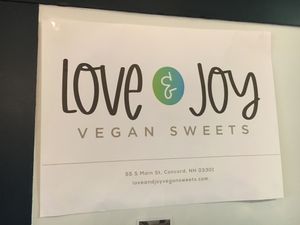Sign at Love and Joy Vegan Sweets in Raymond