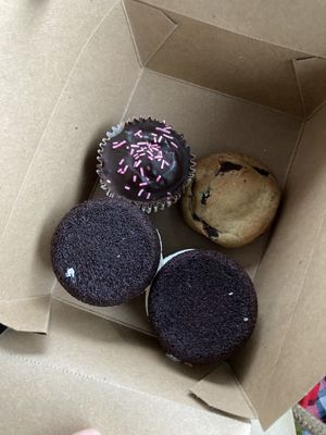 Whoopie pies, chocolate chip cookie, and cupcake  #Veganuary at Love and Joy Vegan Sweets in Raymond