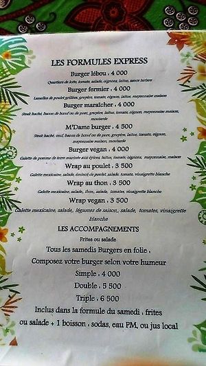 Part of the menu with vegan labeled dishes. at Institut Francais Leopold Sedar Senghor in Dakar
