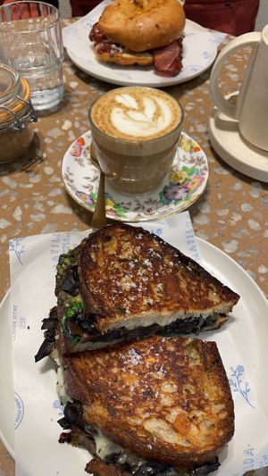 Mushroom toastie and soy latte  at Matilda in Mont Albert North