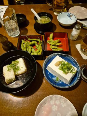 Edamame, miso and tofu soup, cold stolen tofu,  fried tofu in sauce at NihonBashi in Vienna
