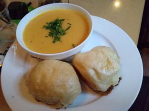 Potato soup with steamed dumplings with salt crust at Weinstube Eulenspiegel in Speyer