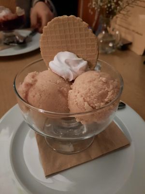 Rhabarbereis mit Sahne at Weinstube Eulenspiegel in Speyer