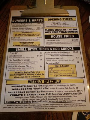 Menu at The Old Bookshop in Bristol