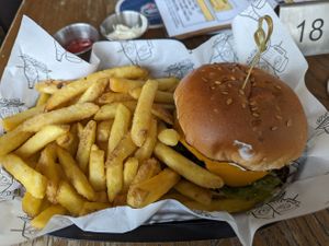 Cheeseburger and fries at The Old Bookshop in Bristol