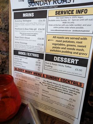 Sunday menu at The Old Bookshop in Bristol