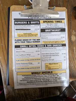 Weekday menu at The Old Bookshop in Bristol