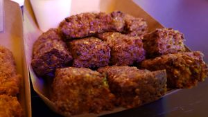 Stick de PTS (R$16 for a medium portion). Fried soy protein. Not bad, but I liked the grao de bico (chickpea) better. at Janaíno Vegan Bar in Curitiba