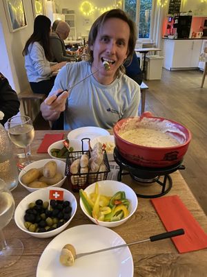 Spicy garlic bottomless vegan fondue  at Fondue Villa & Garden in Unterseen