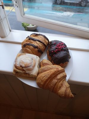Vegan, except the cinnamon roll (croissant with chocolate, croissant with raspberry and marzipan, plain croissant) at Brauðgerðarhús Akureyrar in Akureyri