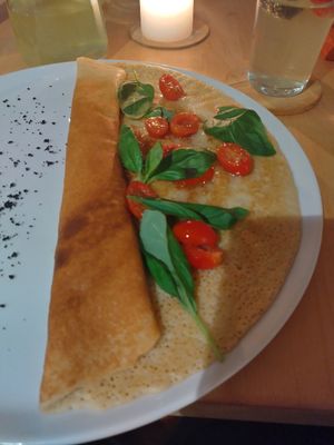 Tomato and basil pancake at Pirmas Blynas in Vilnius