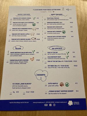 Menu  at Pirmas Blynas in Vilnius